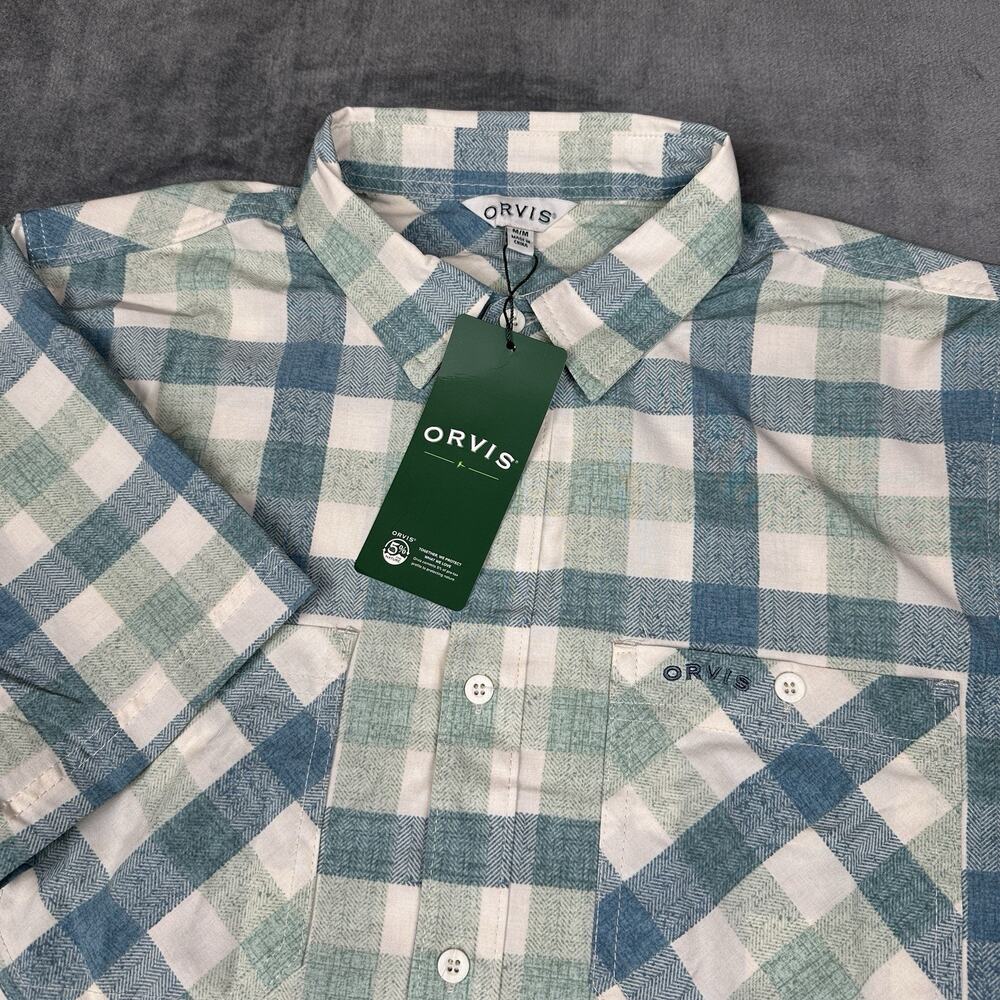 NWT Orvis Fletcher Tech Shirt Mens Medium Green Blue Plaid Short Sleeve Button